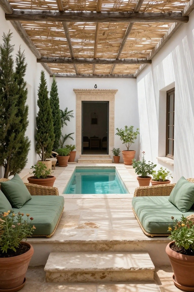 Small rectangular turquoise plunge pool in a white-walled courtyard under a reed and wood pergola ceiling, with rattan loungers on stone paving, potted plants, and tall cypress trees on either side.