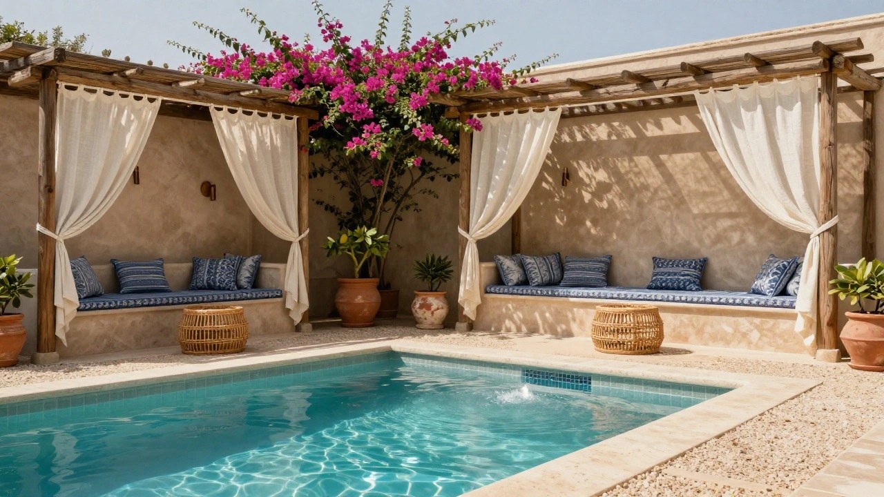 Small turquoise pool in a sandy courtyard next to wooden pergola draped with pink bougainvillea and sheer white curtains, built-in beige benches with blue cushions, rattan table, potted plants, and adobe walls.