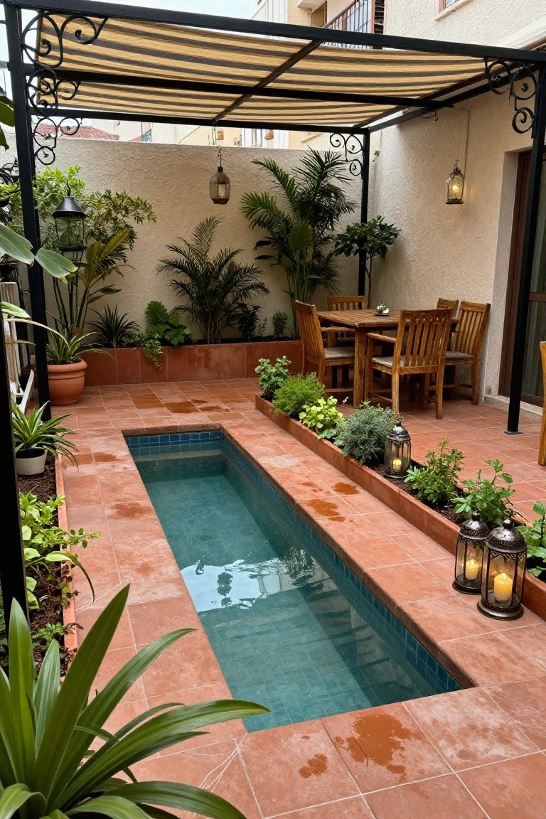Narrow turquoise plunge pool built into a terracotta-tiled outdoor patio under a black metal pergola with beige and black striped fabric canopy, wooden dining table with chairs, potted plants, herbs in raised beds, and hanging lanterns.