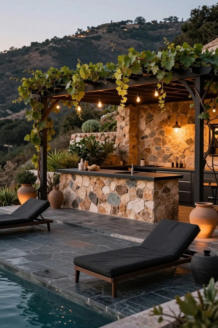 Outdoor pool deck with black pergola covered in grapevines and string lights, stone bar counter with sink, two black lounge chairs, terracotta pots, and hillside backdrop at dusk.