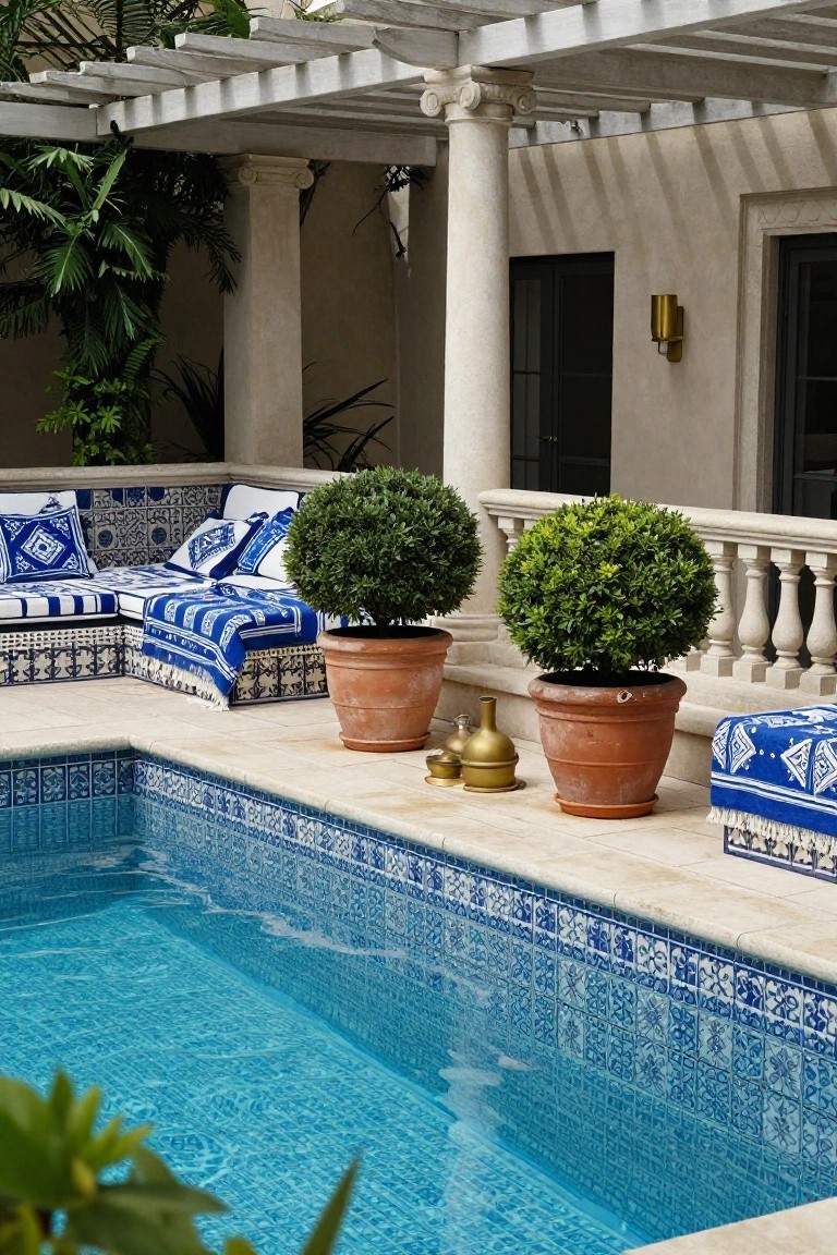 White wooden pergola over a blue tiled pool edge with built-in bench seating covered in blue patterned cushions and throws, flanked by boxwood topiaries in terracotta pots next to stucco architecture.
