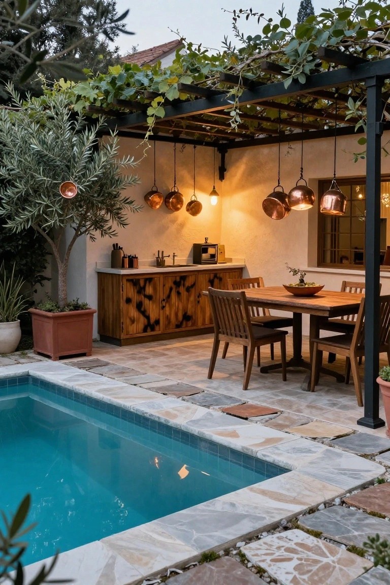 Small turquoise pool edged in stone tiles next to a vine-covered black metal pergola shading a rustic wooden outdoor kitchen bar and dining table with chairs, hanging copper pots used as pendant lights, olive trees, and potted plants.
