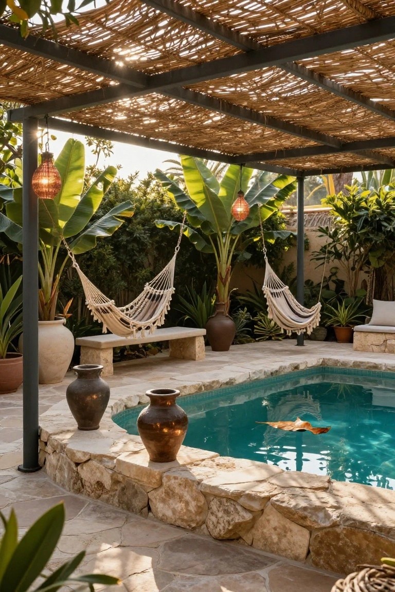 Small turquoise pool edged in stone beneath a thatched pergola with hanging macrame hammocks, banana plants, terracotta pots, lanterns, and a stone bench on pebble paving.