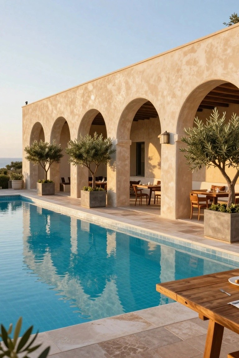 Beige stucco building with multiple rounded arches along a poolside terrace, wooden dining tables and chairs, potted olive trees, and a turquoise pool with reflections.