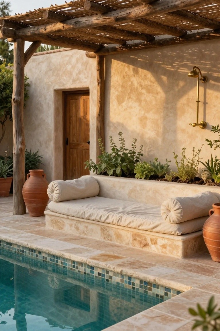 Rustic reed pergola shading a built-in beige stone daybed with white bolsters next to a turquoise mosaic-tiled pool, flanked by terracotta pots, plants in raised beds, and a brass outdoor shower on a stucco wall.