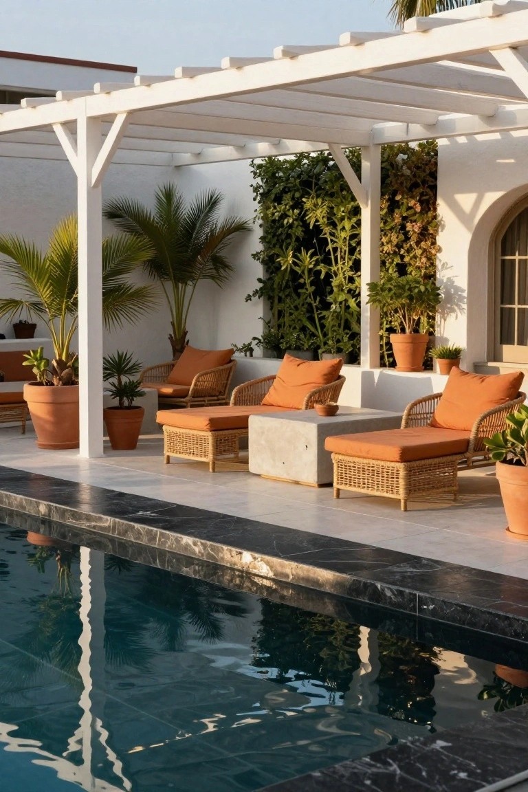 White pergola shading orange rattan lounge chairs, ottomans, and a concrete table next to a rectangular pool, with potted plants and greenery against white stucco walls.