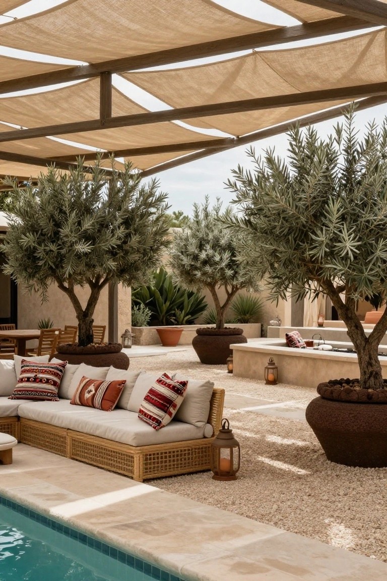 Wooden pergola with draped beige fabric sails over a turquoise pool and stone patio, with olive trees, rattan L-shaped sofa with colorful cushions, potted plants, lanterns, and gravel ground.