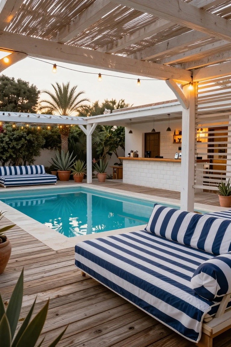 White wooden pergola with reed roofing over a turquoise pool, blue-and-white striped daybeds on wooden deck, potted plants, small bar area, and string lights in a garden setting.