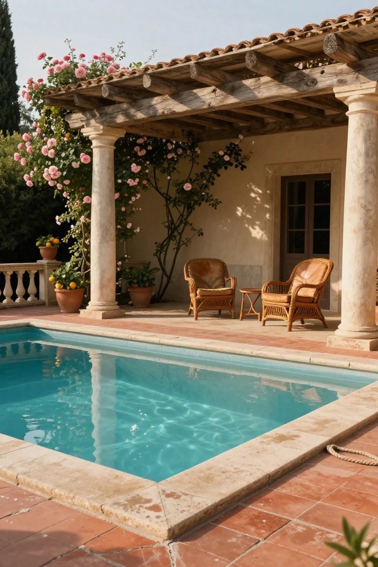 Terracotta-tiled pool deck with turquoise water beside a shaded pergola supported by stone columns draped in pink climbing roses, featuring two wicker armchairs and potted orange trees.