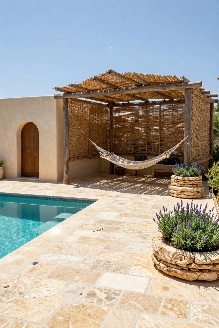 Thatched pergola with woven bamboo screens and white hammock next to turquoise pool on beige tiled decking, arched wooden door on stucco wall, lavender plants in stacked stone pots, clear blue sky.