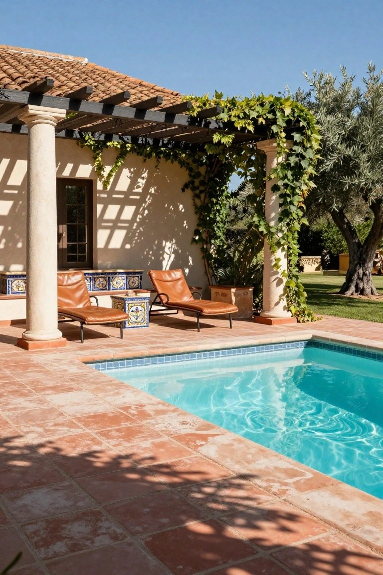 Vine-covered pergola with stucco columns shading two tan lounge chairs on terracotta tiles next to a turquoise pool, with olive trees and grass nearby.