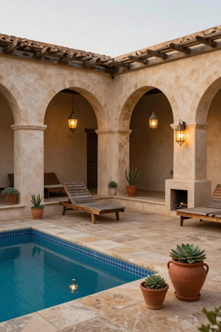 Courtyard with small blue-tiled pool, wooden lounge chairs, potted succulents, fire pit, stucco arches, and wooden pergola with hanging lanterns.