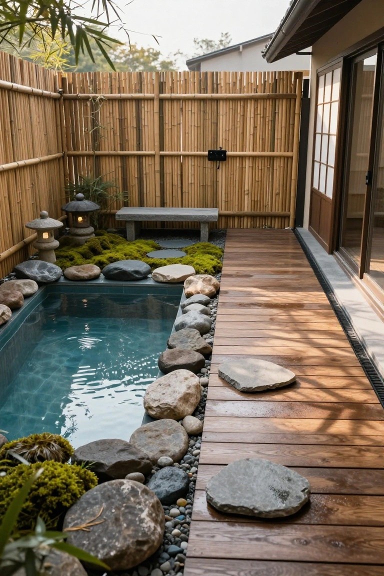 Small turquoise inground pool in a fenced courtyard with bamboo screens, rocks, moss, stone lanterns, wooden decking path, and bench against a traditional Japanese-style house wall.