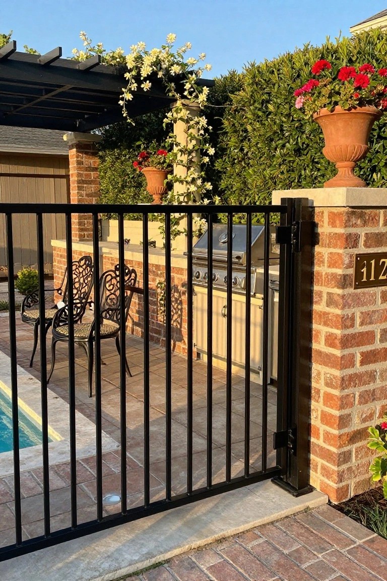 Black metal fence gate with brick pillars enclosing an inground pool area next to a brick outdoor kitchen featuring a stainless steel grill, two wicker chairs, and potted plants with climbing flowers on a pergola.