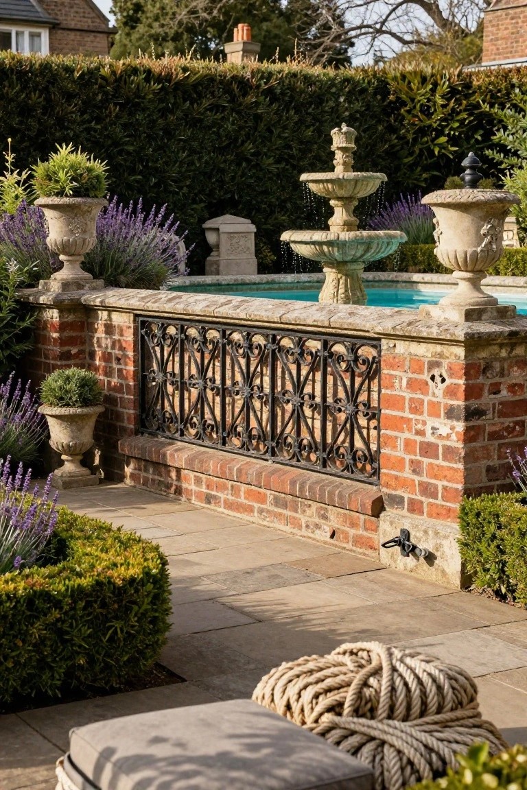 A small turquoise inground fountain pool enclosed by a low brick wall with black wrought iron balustrade, surrounded by lavender plants, terracotta pots, boxwood shrubs, and stone pavers in a garden patio.