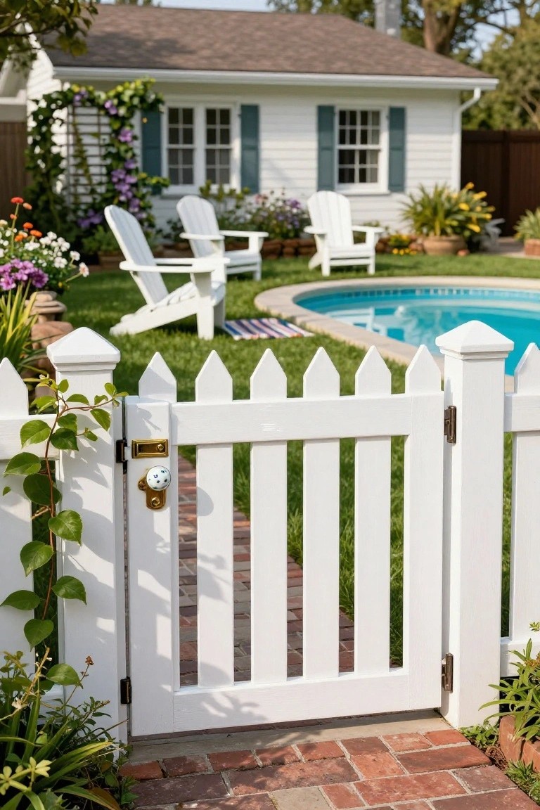 White picket fence gate with vines, brass lock, and ceramic knob leading to a backyard inground pool, Adirondack chairs, and garden plants.