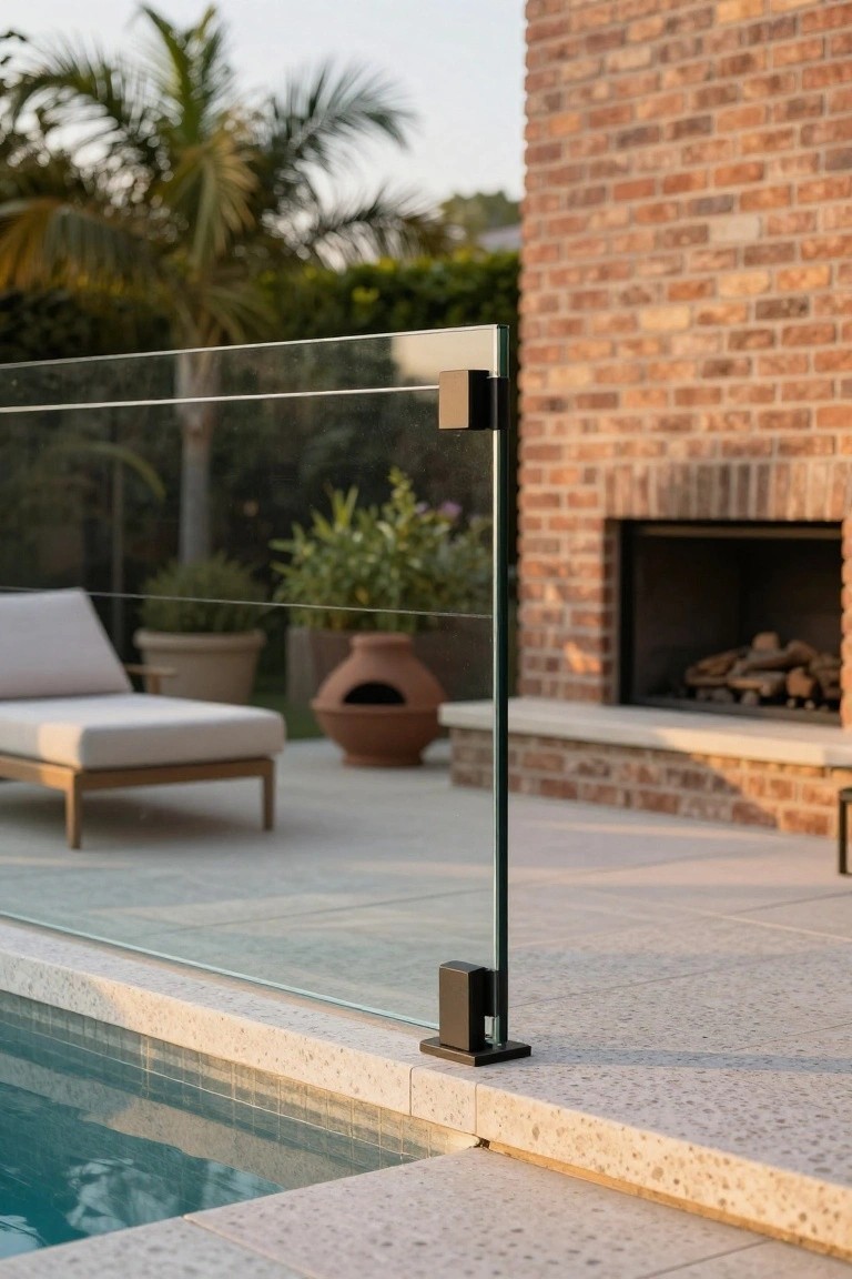 Frameless clear glass panels mounted on black posts form a pool fence along the edge of an inground pool, with a beige lounge chair, terracotta pots, brick fireplace, and palm trees visible nearby.