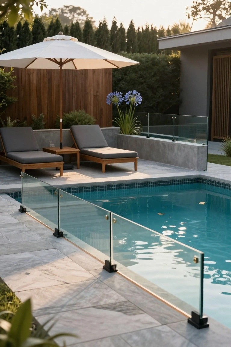 Inground pool with clear glass panel fencing on gray stone pavers, two gray cushioned wooden loungers under a white umbrella nearby, plants and wooden fence in the background.
