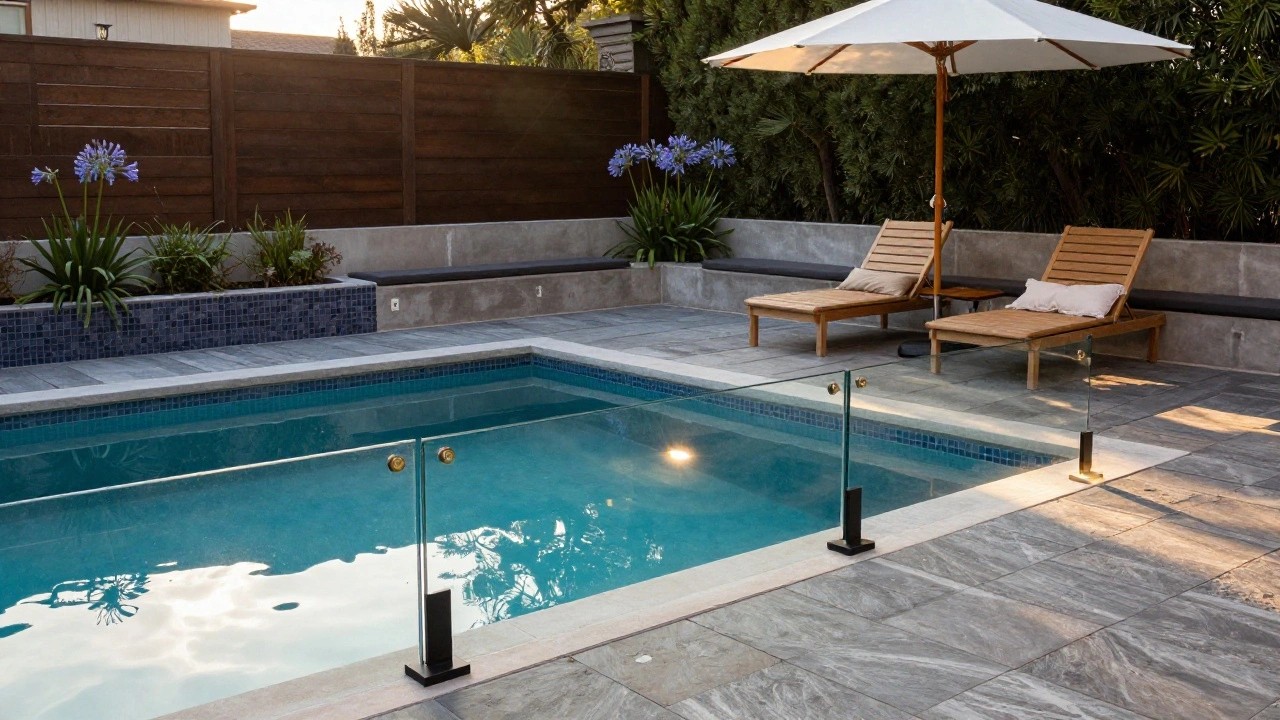 Inground pool with clear glass panel fencing on gray stone pavers, two gray cushioned wooden loungers under a white umbrella nearby, plants and wooden fence in the background.