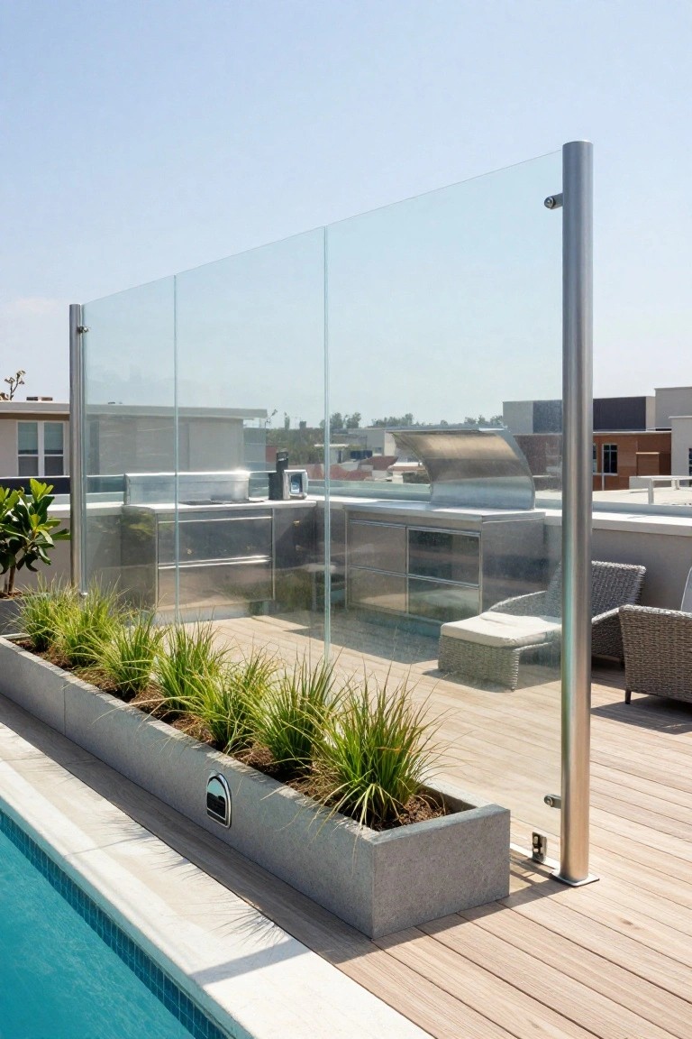 Rooftop pool deck with frameless clear glass fencing on stainless steel posts, concrete planter filled with grasses along the pool edge, wooden decking, outdoor kitchen cabinets and grill, lounge chairs, and surrounding urban buildings.