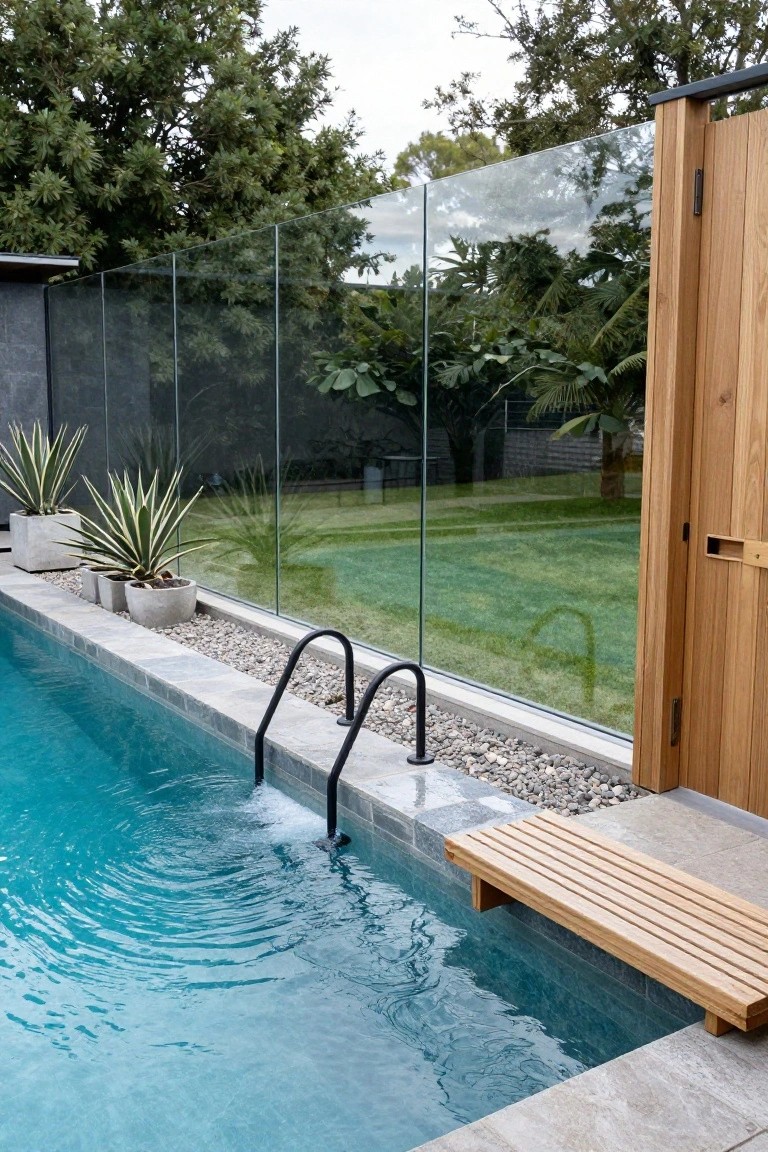 Inground pool with frameless clear glass fencing, black metal ladder, potted agave plants, pebble edging, wooden bench, and adjacent wooden door.