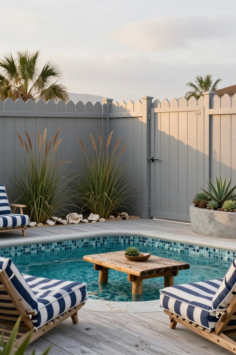 Small turquoise-tiled inground pool on a wooden deck with blue striped lounge chairs, wooden table partially in the water, grey scalloped picket fence enclosing the area, pampas grass, succulents in a concrete pot, and palm trees in the background.