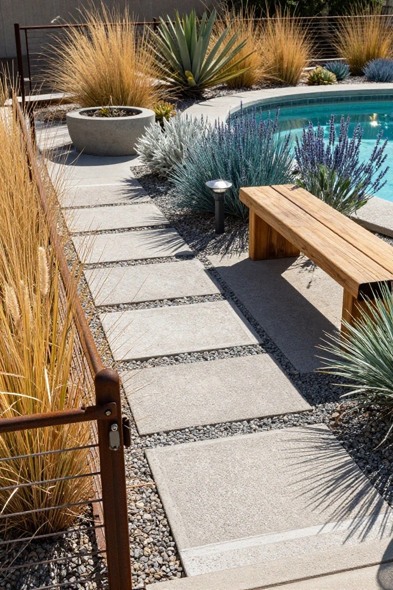 Inground pool edged with turquoise water, surrounded by agave plants, ornamental grasses, lavender, and a gray concrete planter, with a horizontal black metal rail fence along a gray stepping stone path and a wooden bench.