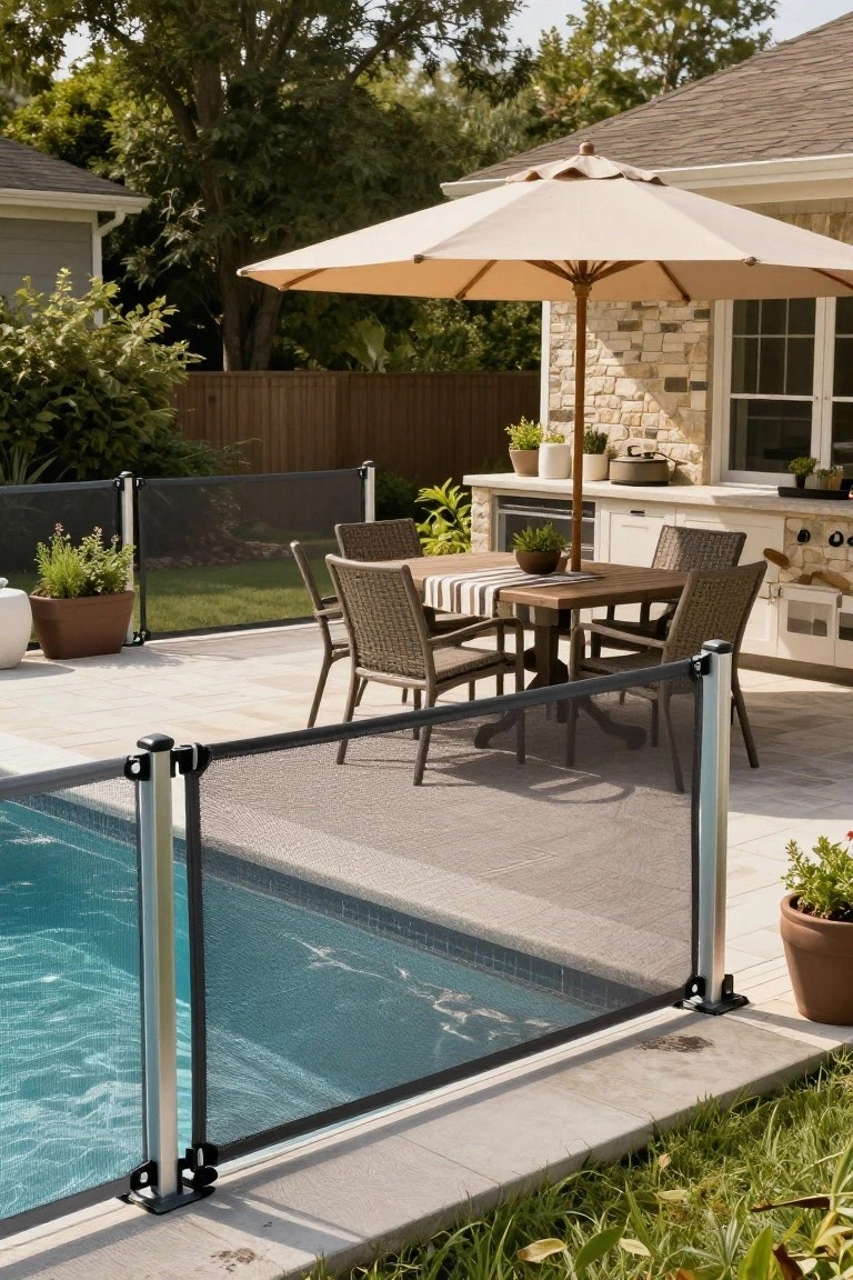 Inground pool enclosed by black mesh safety fence on stainless steel poles, next to paver patio with wicker dining table, beige umbrella, and stone outdoor kitchen.
