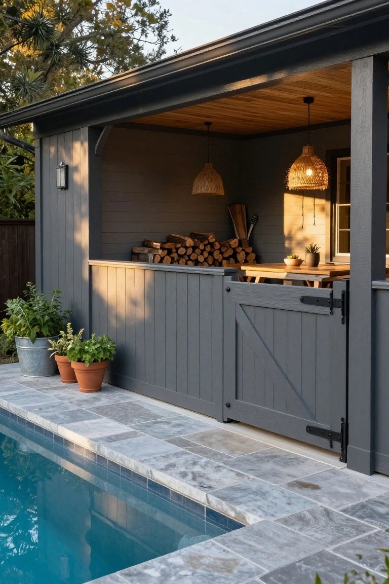 Gray shiplap-style wood fence beside an inground pool with built-in firewood storage, a wooden gate, outdoor table with chairs, potted plants, and pendant lights overhead on a stone pool deck.