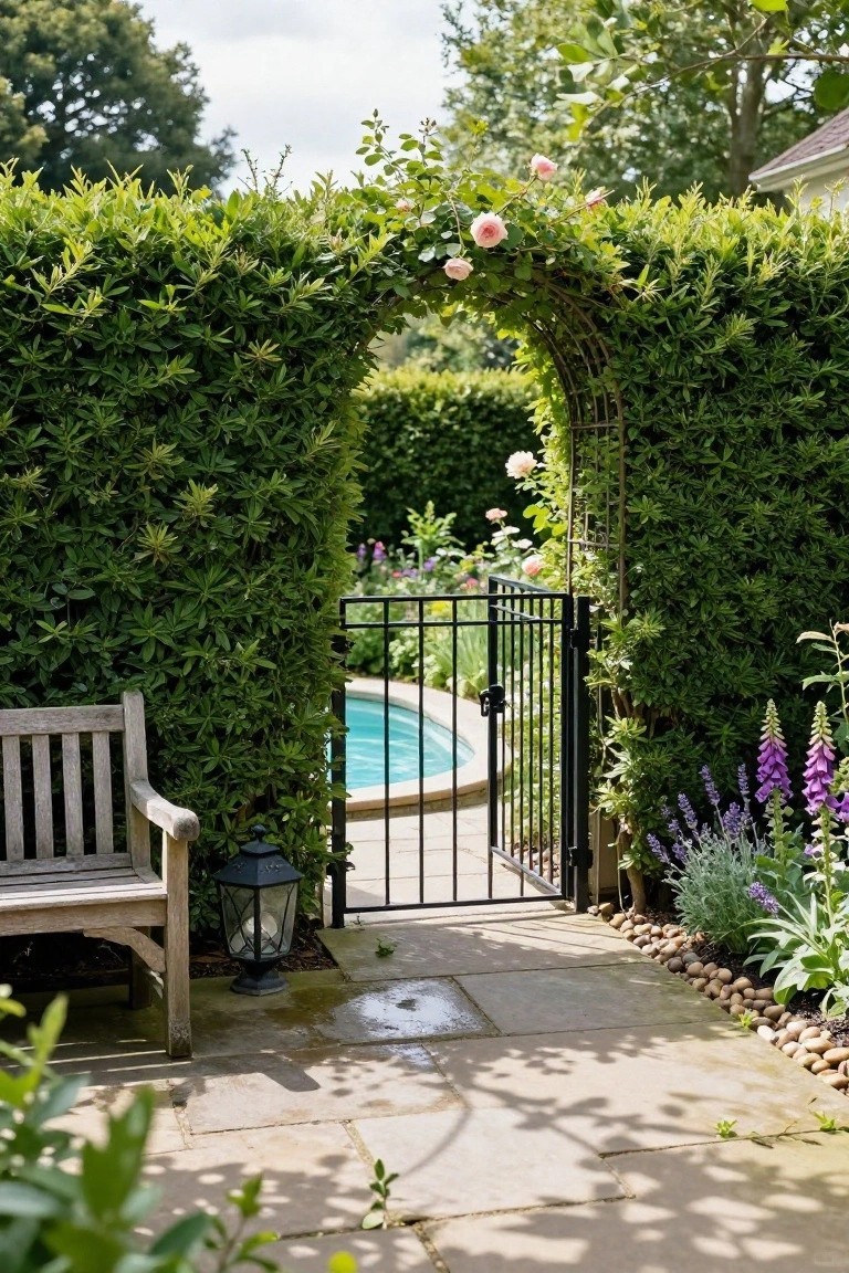 Black metal gate framed by tall dense green hedges leading to a round turquoise inground pool, with a wooden bench, lantern, and stone path in front.