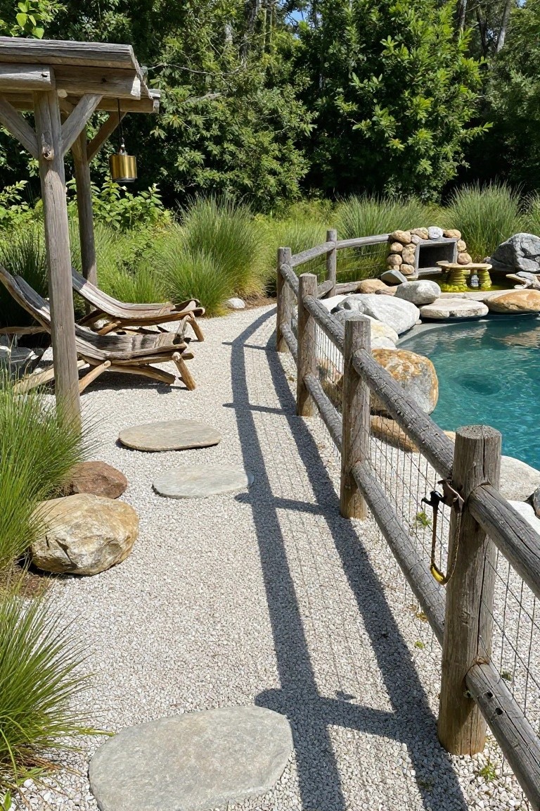 Rustic wooden split-rail fence with wire mesh runs alongside a turquoise inground pool, featuring large rocks, gravel path with flat stone stepping stones, lounge chairs under a wooden pergola, and surrounding grasses and trees.