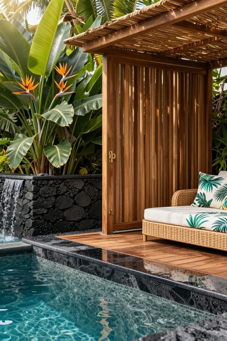 Tropical poolside cabana with vertical slatted wood walls, rattan daybed with green cushions, surrounding plants and bird of paradise flowers, rock waterfall feature, and dark-edged inground pool.