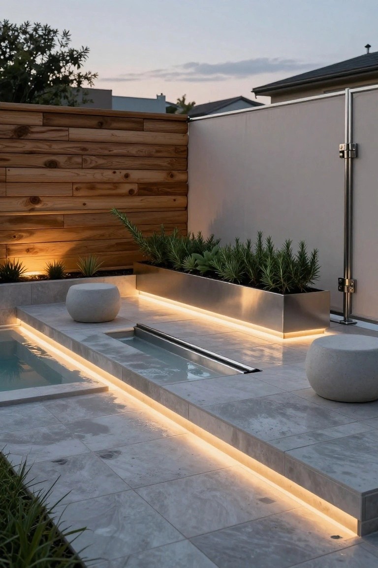 Backyard pool area featuring a timber slatted fence next to a vertical metal gate, LED strip lighting along the pool edge and planters filled with rosemary and succulents, concrete pavers, and two round concrete pouf seats.