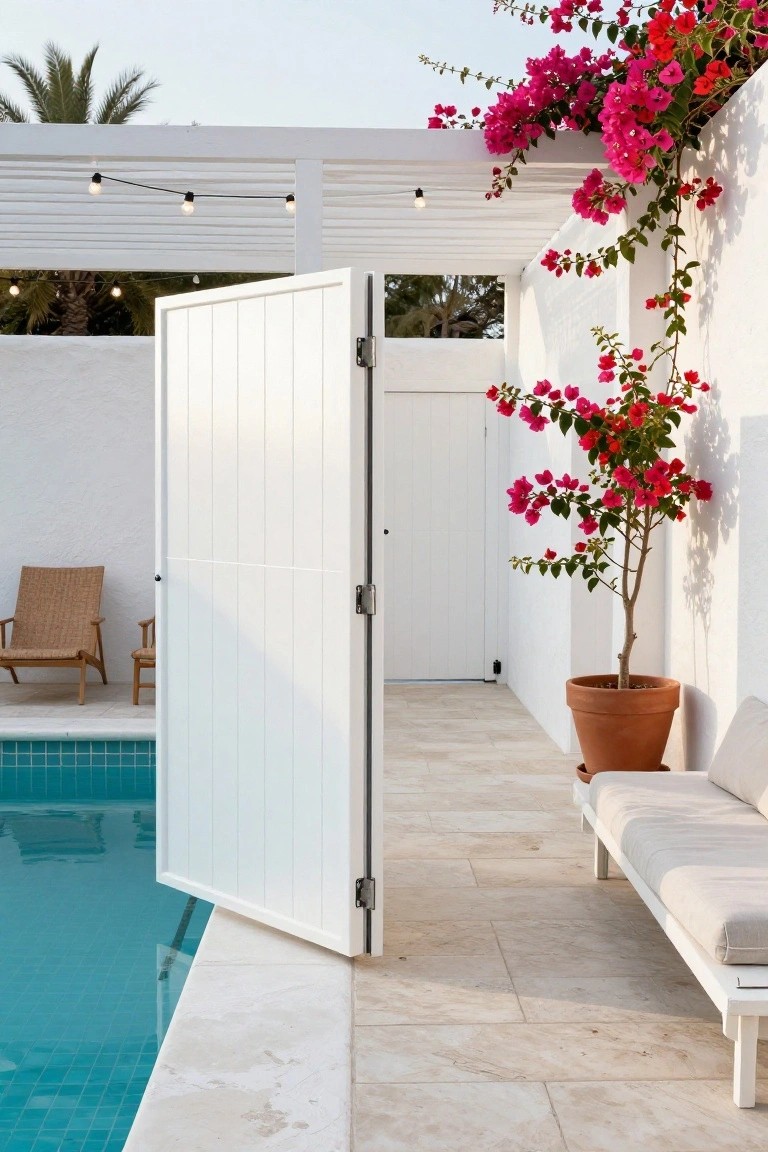 Open tall white wooden gate beside an inground turquoise pool on a travertine patio edged with white walls covered in pink bougainvillea, string lights overhead, rattan chairs, potted plant, and cushioned bench.