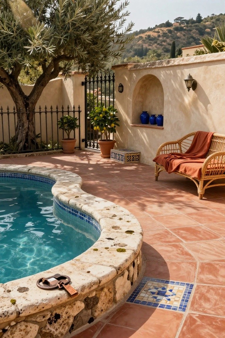 Curved inground pool with turquoise water and stone edging, surrounded by a black wrought iron fence, terracotta tile patio, olive tree, potted plants, blue pottery, and rattan bench against stucco wall.