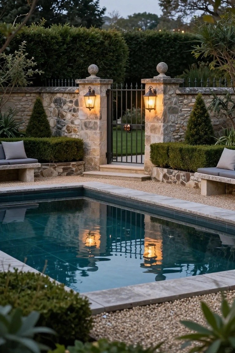 Small inground pool with dark blue tiles and stone coping, bordered by low stone walls with a central black wrought iron gate between pillars topped by lanterns, surrounded by hedges, gravel, and benches.