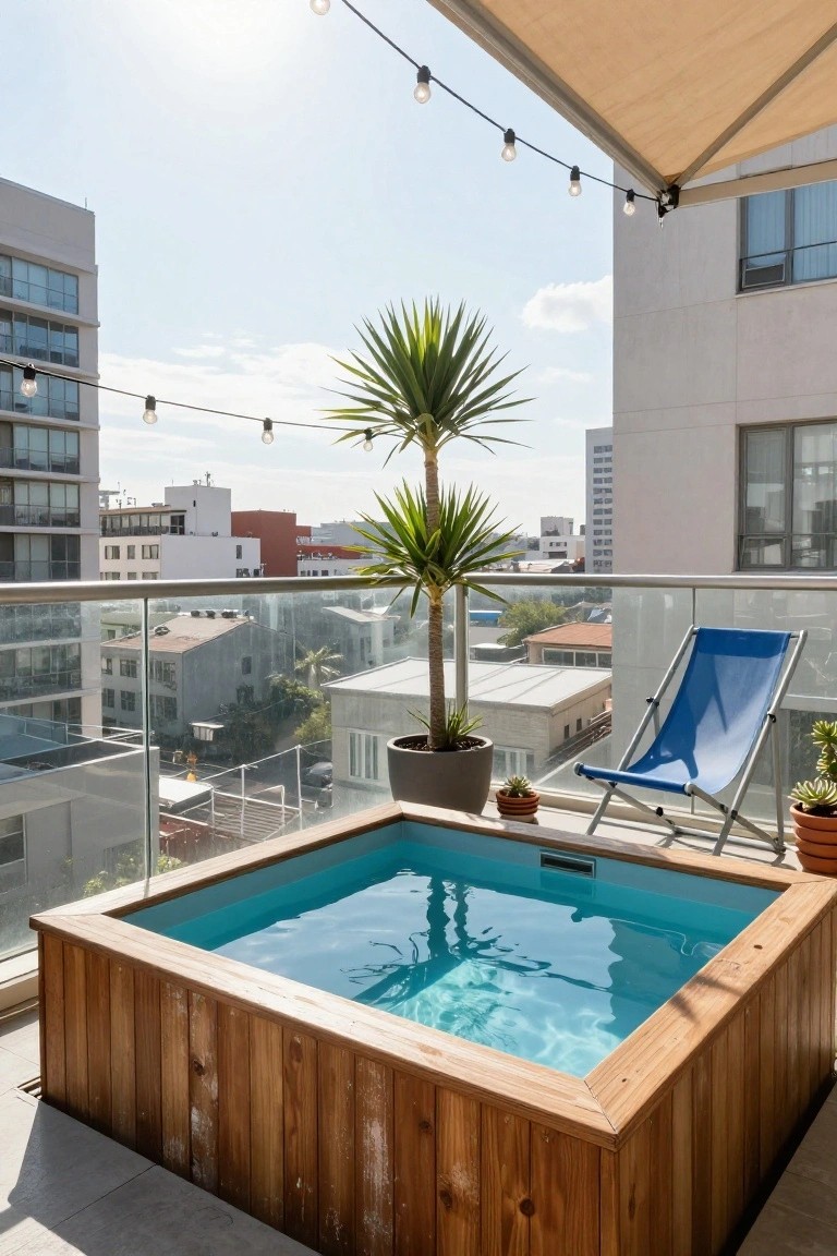 25 Serene Poolside Lounge Area Ideas For Laid Back Days Wooden-framed turquoise hot tub on a balcony with blue lounge chair, potted plants including palms, string lights, beige shade sail, glass railing, and cityscape view below.