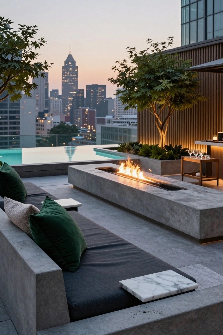 25 Serene Poolside Lounge Area Ideas For Laid Back Days Rooftop terrace with infinity-edge pool, long concrete bench seating containing a linear gas fire pit, green and beige cushions, potted plants, wooden side table with glasses, and city skyline at dusk.