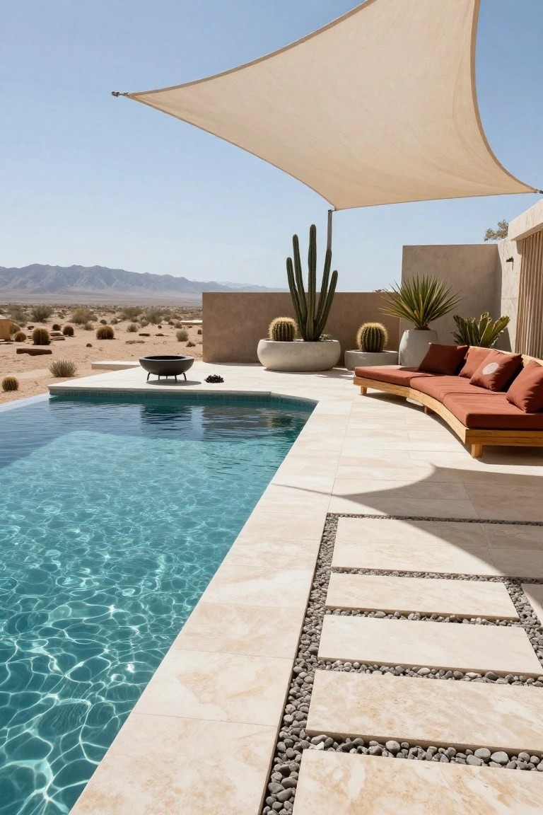 25 Serene Poolside Lounge Area Ideas For Laid Back Days A curved wooden outdoor sofa with rust cushions positioned along the edge of a turquoise infinity pool on a travertine deck, under a beige shade sail, with potted cacti and a fire bowl nearby in a desert landscape.