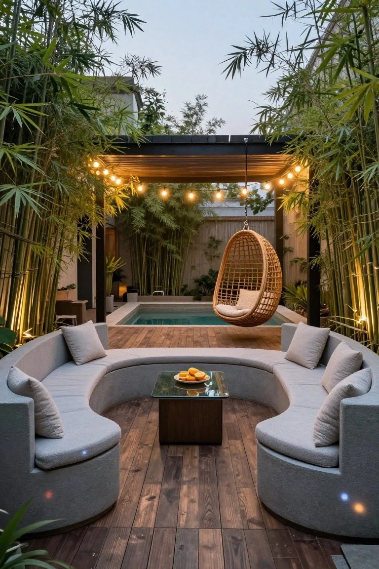 25 Serene Poolside Lounge Area Ideas For Laid Back Days Outdoor poolside lounge with curved gray sectional sofa around a low glass table, rattan hanging swing, small rectangular pool, bamboo plants, wooden deck, and string lights under a dark pergola.