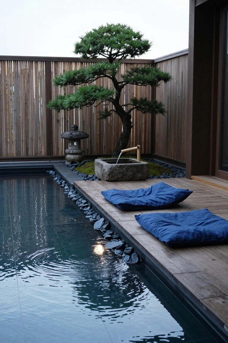 25 Serene Poolside Lounge Area Ideas For Laid Back Days Wooden deck beside a rectangular dark blue pool edged with dark rocks, featuring two large blue floor cushions, a stone basin with bamboo fountain, mossy ground cover, bonsai tree, stone lantern, and bamboo fence.