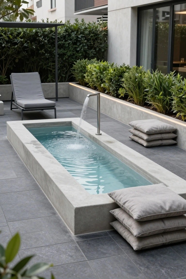 25 Serene Poolside Lounge Area Ideas For Laid Back Days Narrow rectangular concrete plunge pool on a gray tiled terrace with cascading water from a stainless steel faucet, flanked by green plants in beds, a gray chaise lounge chair, and stacked gray pillows, next to a modern building facade.