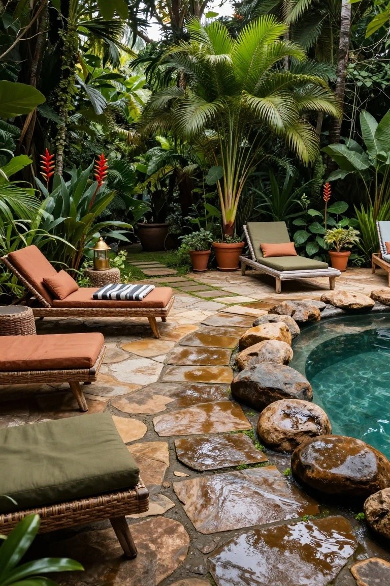 25 Serene Poolside Lounge Area Ideas For Laid Back Days Lush tropical garden with lounge chairs, stone path, and pool.