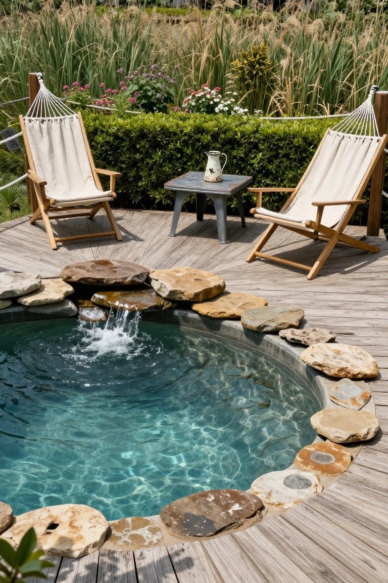 25 Serene Poolside Lounge Area Ideas For Laid Back Days Circular turquoise hot tub with natural stacked stone edging and waterfall on a wooden deck, flanked by two beige canvas lounge chairs, a small metal table with jug, and hammocks, surrounded by greenery and reeds.