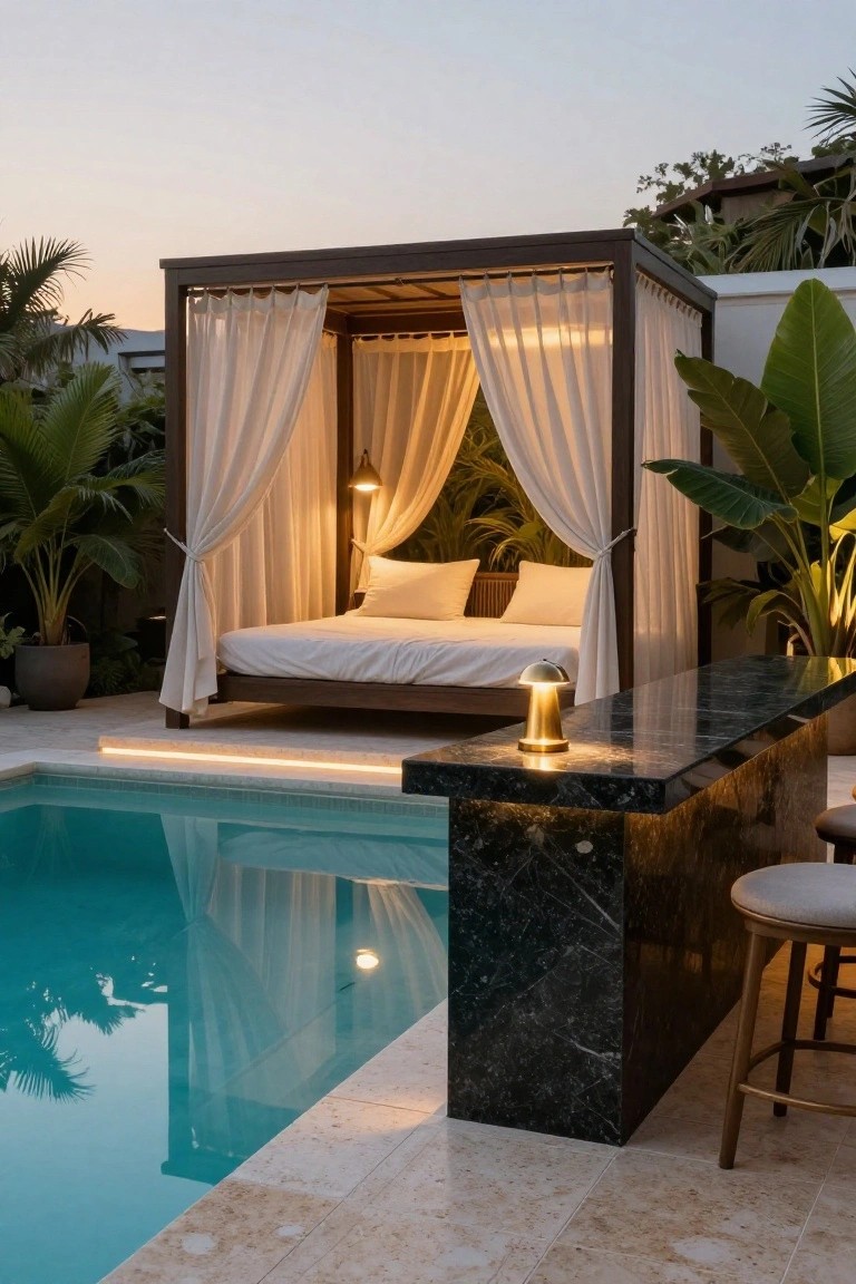 25 Serene Poolside Lounge Area Ideas For Laid Back Days Wooden cabana with sheer white curtains enclosing a white bed with pillows, next to a black marble bar counter with stools and a turquoise pool, surrounded by tropical plants and lit lamps at dusk.