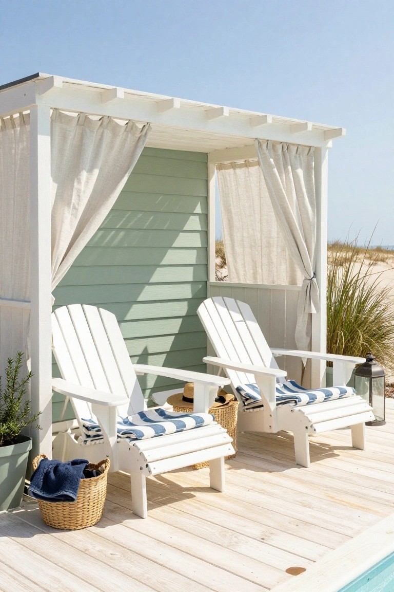 25 Serene Poolside Lounge Area Ideas For Laid Back Days Pair of white Adirondack chairs with blue-and-white striped cushions and pillows under a white wooden cabana with draped white linen curtains on three sides, positioned on a light wood deck beside a pool, with green siding wall, potted plants, wicker baskets, beach grass, and ocean view in background.