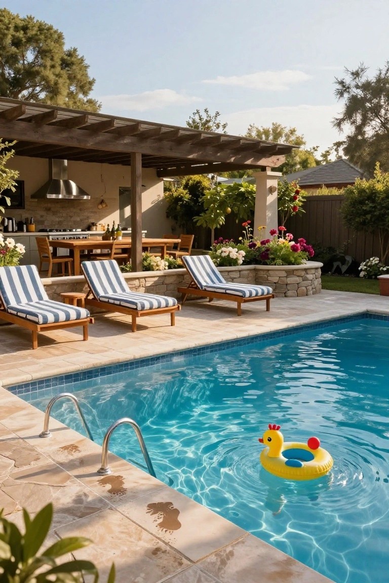 25 Serene Poolside Lounge Area Ideas For Laid Back Days Sunny backyard pool with striped lounge chairs and yellow duck float.