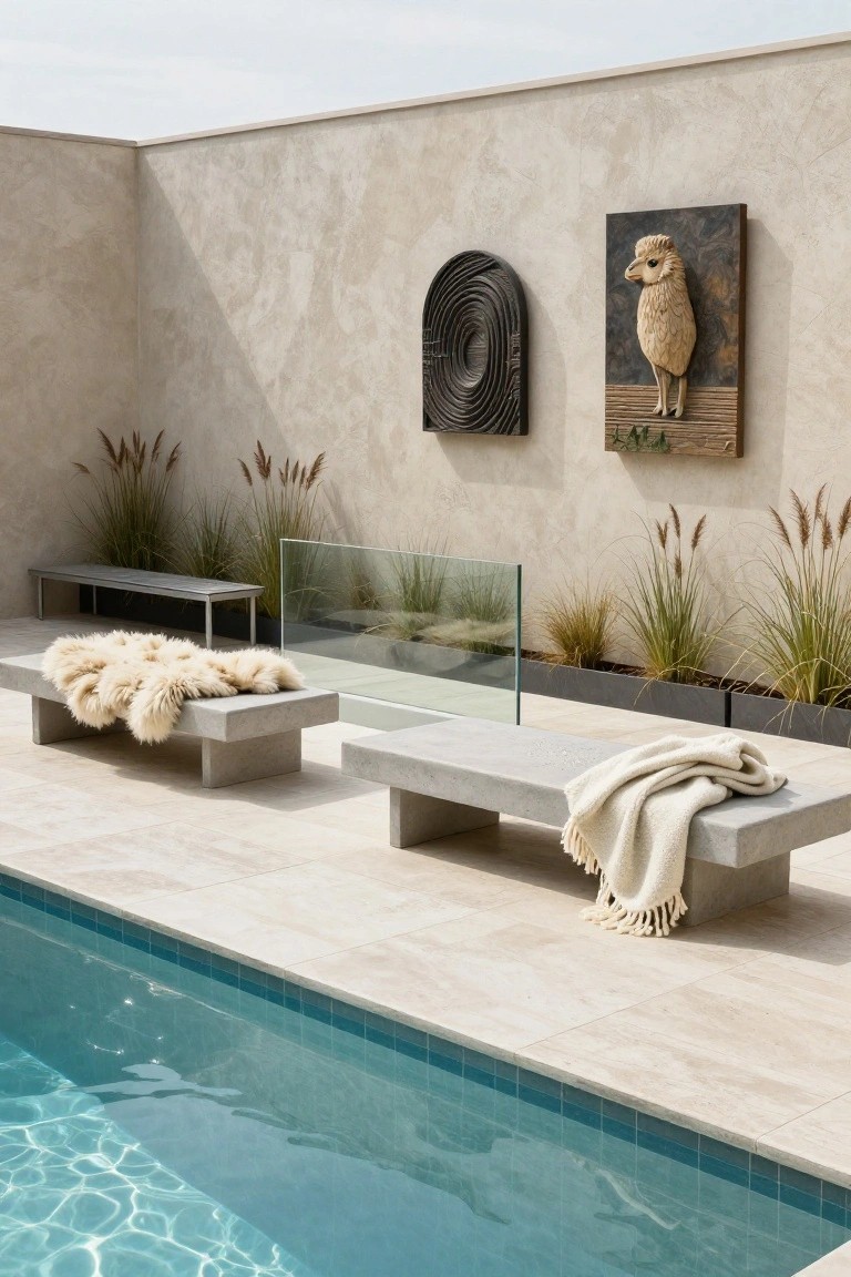 25 Serene Poolside Lounge Area Ideas For Laid Back Days Poolside lounge area with beige stucco walls, wall art including an owl sculpture and circular piece, pampas grass in planters, glass railing, two low concrete benches with sheepskin throw on one and white blanket on the other, and a turquoise pool.