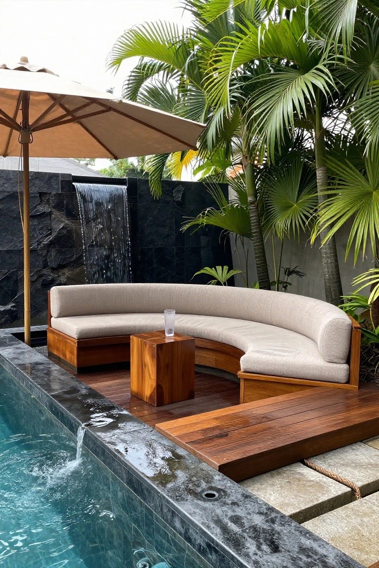 25 Serene Poolside Lounge Area Ideas For Laid Back Days Curved beige sofa on wooden base next to dark-tiled pool edge, with small wooden table holding glass, beige umbrella, palm trees, and stone waterfall wall behind on wooden deck.