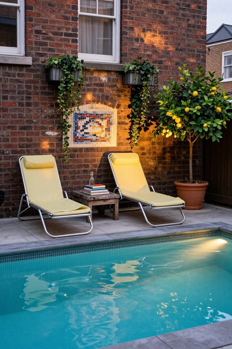 25 Serene Poolside Lounge Area Ideas For Laid Back Days Two yellow cushioned loungers with a wooden side table holding books and a bottle sit beside a small turquoise pool against a brick wall with hanging ivy, a tile mosaic, and a potted lemon tree.